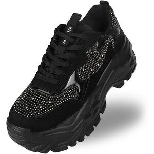 Niluber Walking Shoes Women Size(7-10) Black Rhinestone KPU Tennis Shoes.